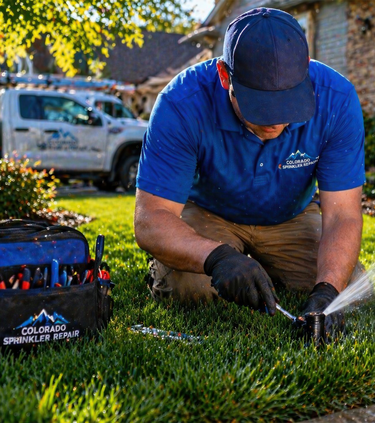 Commerce City CO Sprinkler Repair Technician Adjusting Sprinkler Head In Sunny Residential Lawn