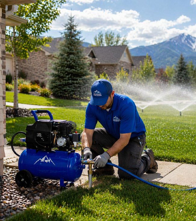 Commerce City CO Sprinkler Blowout Services Technician Performing Sprinkler System Blowout In Residential Yard