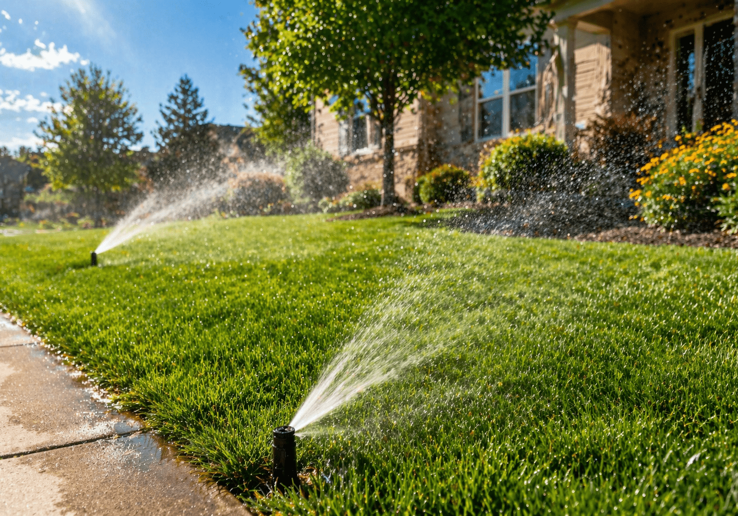Commerce City CO Sprinkler Repair And Sprinkler Installation In Sunny Residential Yard With Active Lawn Sprinklers