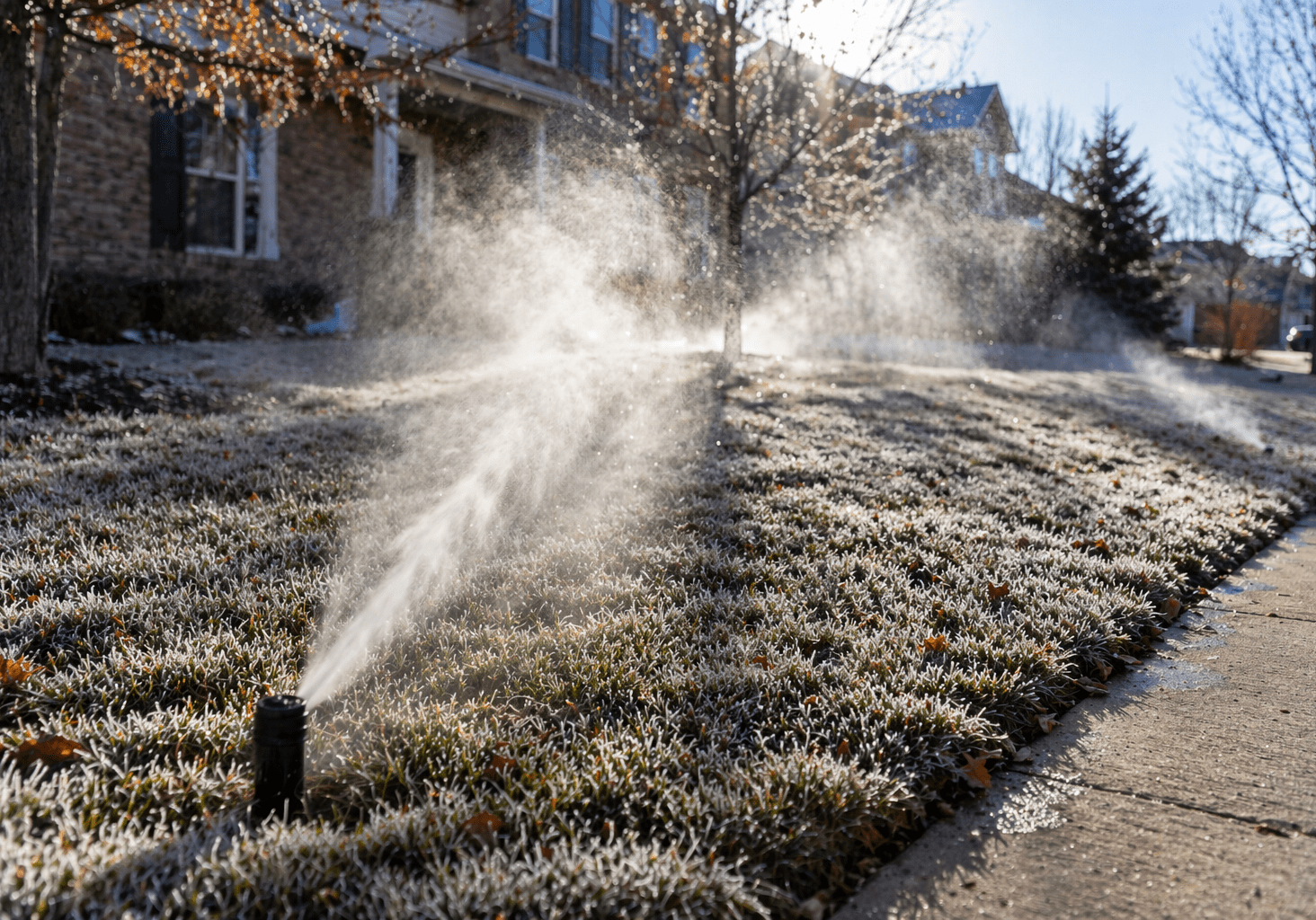 Commerce City CO Sprinkler System Blowout During Seasonal Winterization In Frosted Residential Lawn