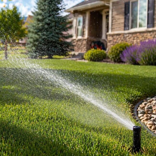 Commerce City CO Sprinklers In Residential Yard With Active Lawn Irrigation Spray